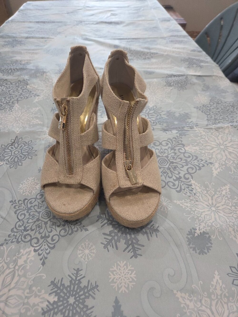 Size 8 - Michael Kors Beige Espadrille Wedge Sandals with Gold Zipper